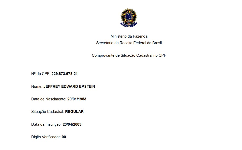 Situação cadastral do CPF de Jeffrey Epstein. Consulta feita em 12 de fevereiro de 2026, às 10h48. — Foto: Reprodução/Receita Federal
