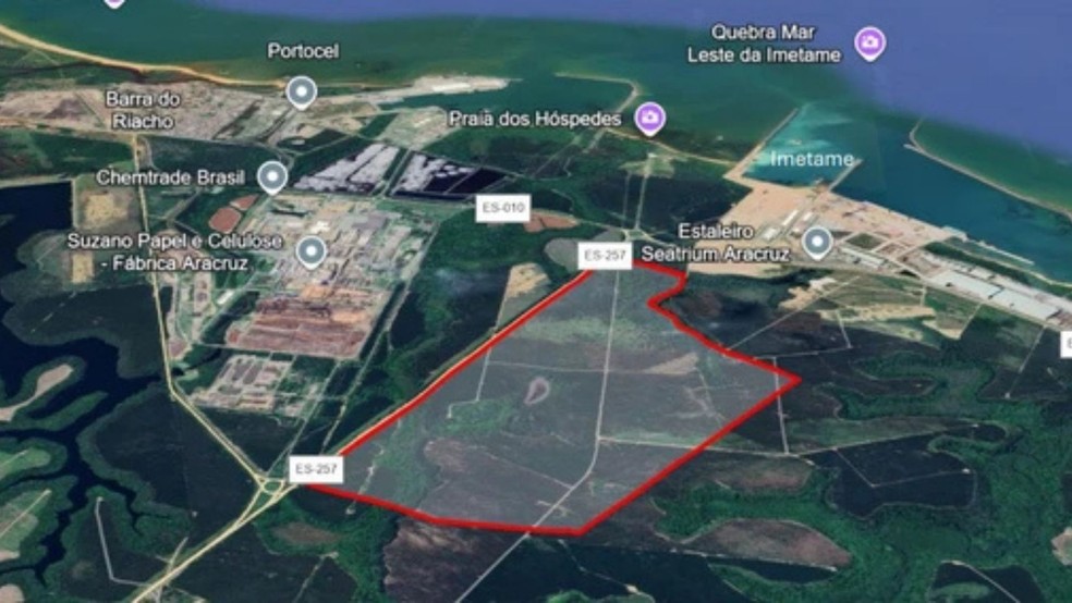 Área onde será construída a fábrica da GWM (Great Wall Motors) em Aracruz, Norte do Espírito Santo, com 1,7 milhão de metros quadrados — Foto: Reprodução