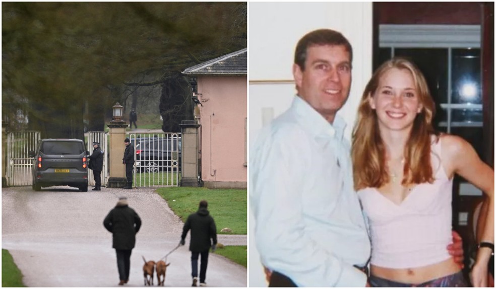 Montagem - ex-príncipe Andrew no dia da prisão e em foto do arquivo de Epstein, ao lado de Virginia — Foto: Reuters/Jaimi Joy/Virginia Giuffre/ BBC