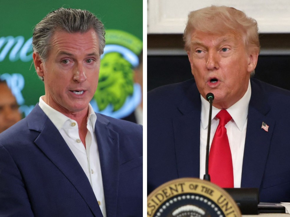 Montagem mostra o governador da Califórnia, Gavin Newsom, e o presidente dos EUA, Donald Trump — Foto: Reuters