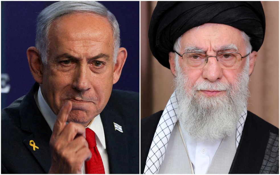 Montagem mostra Benjamin Netanyahu, primeiro-ministro de Israel, e o aiatolá Ali Khamenei, líder supremo do Irã. — Foto: Ronen Zvulun/Reuters; Gabinete do Líder Supremo do Irã/WANA (Agência de notícias do Oeste Asiático)/Divulgação via Reuters