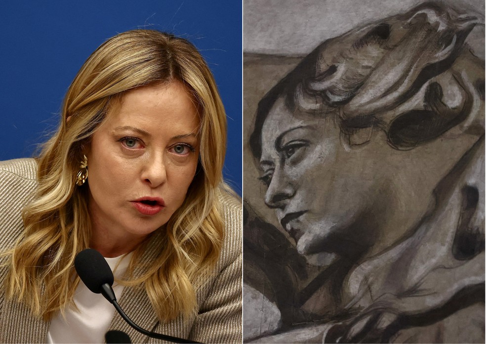 Giorgia Meloni e a pintura restaurada em igreja em Roma — Foto: Vincenzo Livieri/Reuters