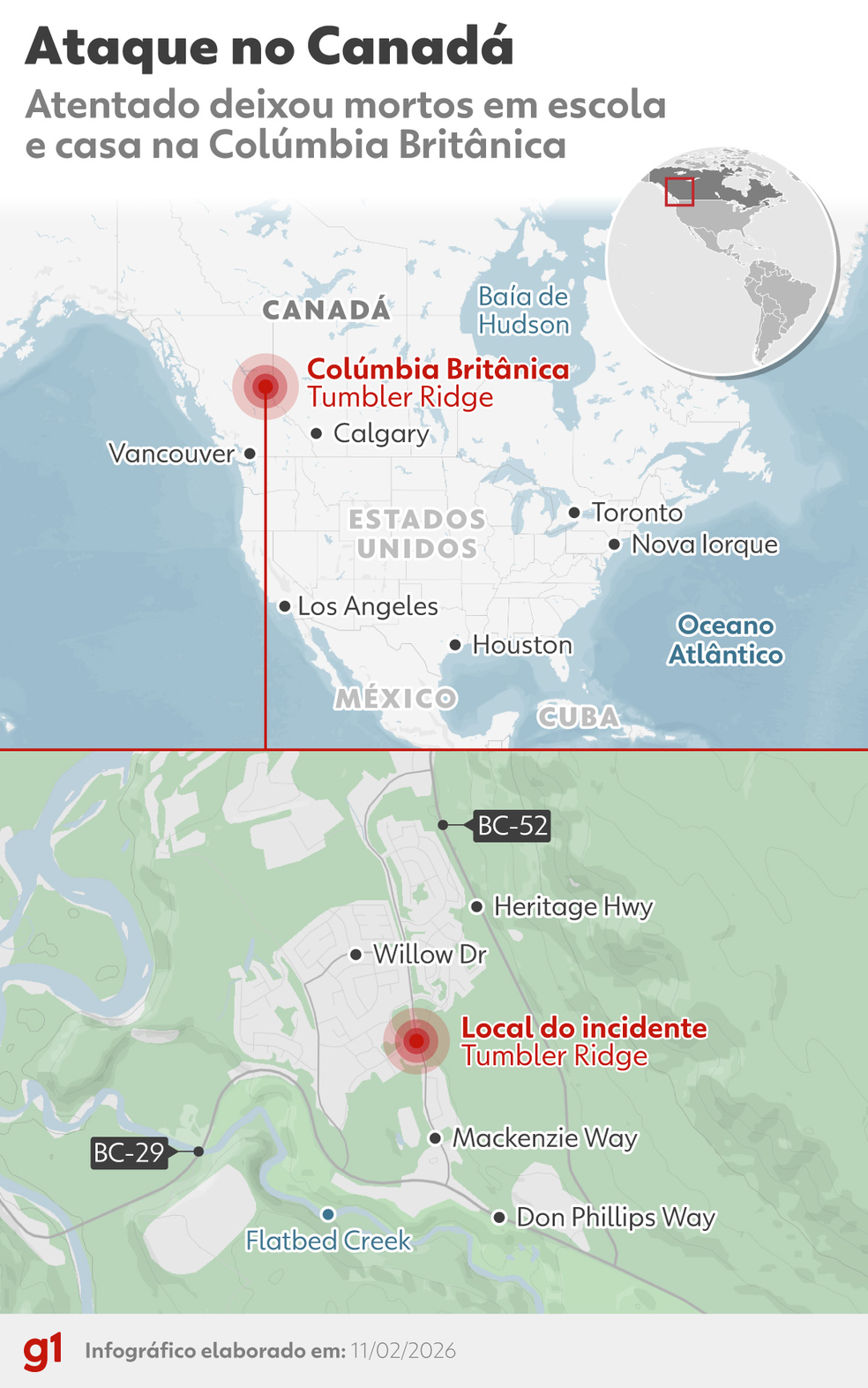 Mapa mostra local de ataque a tiros em uma escola no Canadá, em 10 de fevereiro de 2026. — Foto: arte/ g1