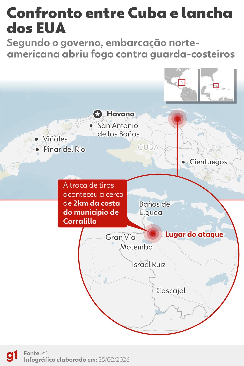 Mapa mostra região onde confronto aconteceu em Cuba — Foto: Lara Bernardino/Arte g1
