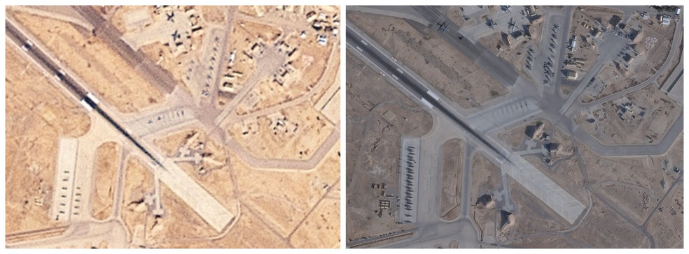 Uma combinação de imagens de satélite mostra um aumento no número de aeronaves na Base Aérea de Muwaffaq Salti, em Al Azraq, Jordânia, comparando 16 de janeiro e 2 de fevereiro de 2026 — Foto: PLANET LABS PBC/Handout via REUTERS