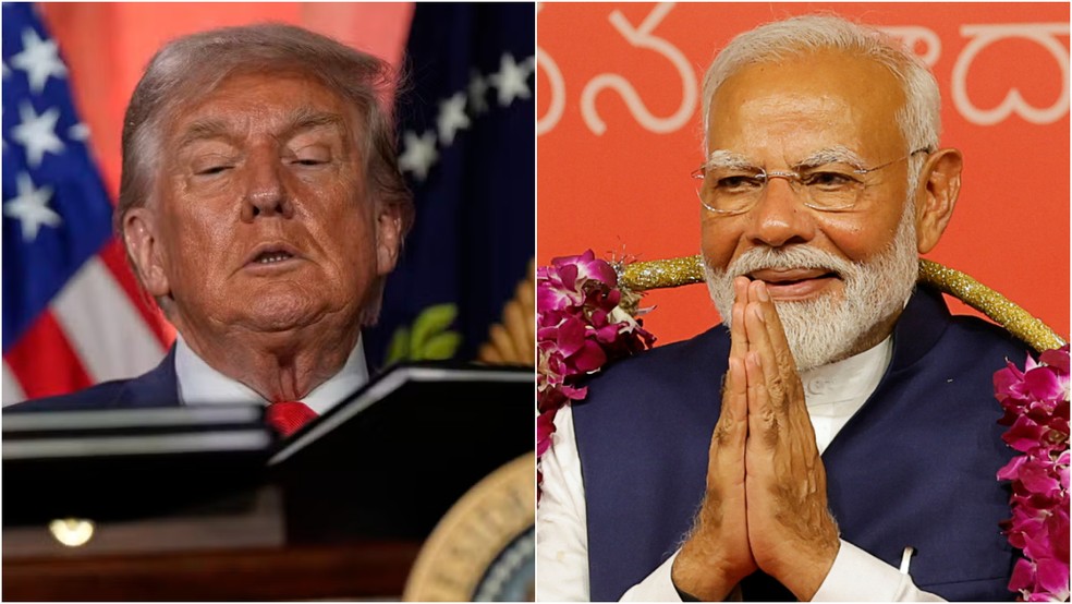 Donald Trump e Narendra Modi — Foto: Julia Demaree Nikhinson/AP e Adnan Abidi/Reuters