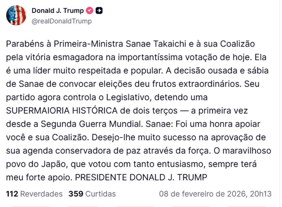 Trump Sanae — Foto: Reprodução/Truth Social