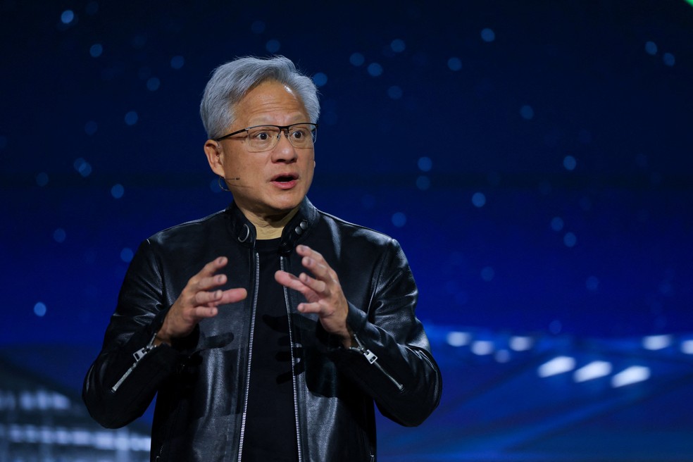 Jensen Huang, CEO da Nvidia, durante conferência da empresa em 17 de março de 2026 — Foto: Reuters/Carlos Barria