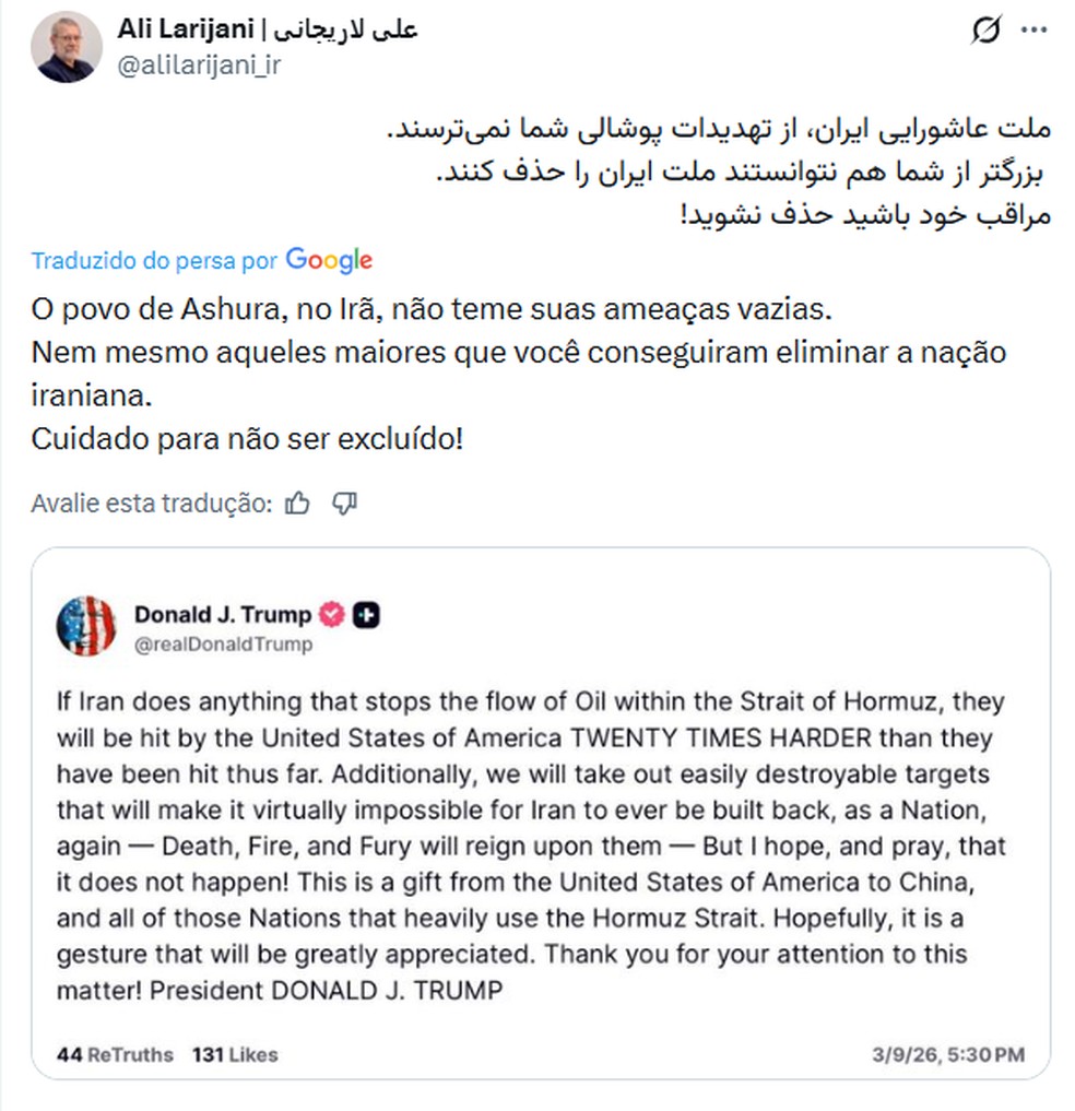 Chefe do Conselho Supremo de Segurança do Irã, Ali Larijani ameaça Donald Trump em resposta na rede social X, em 10 de março de 2026. — Foto: Reprodução/ Redes sociais