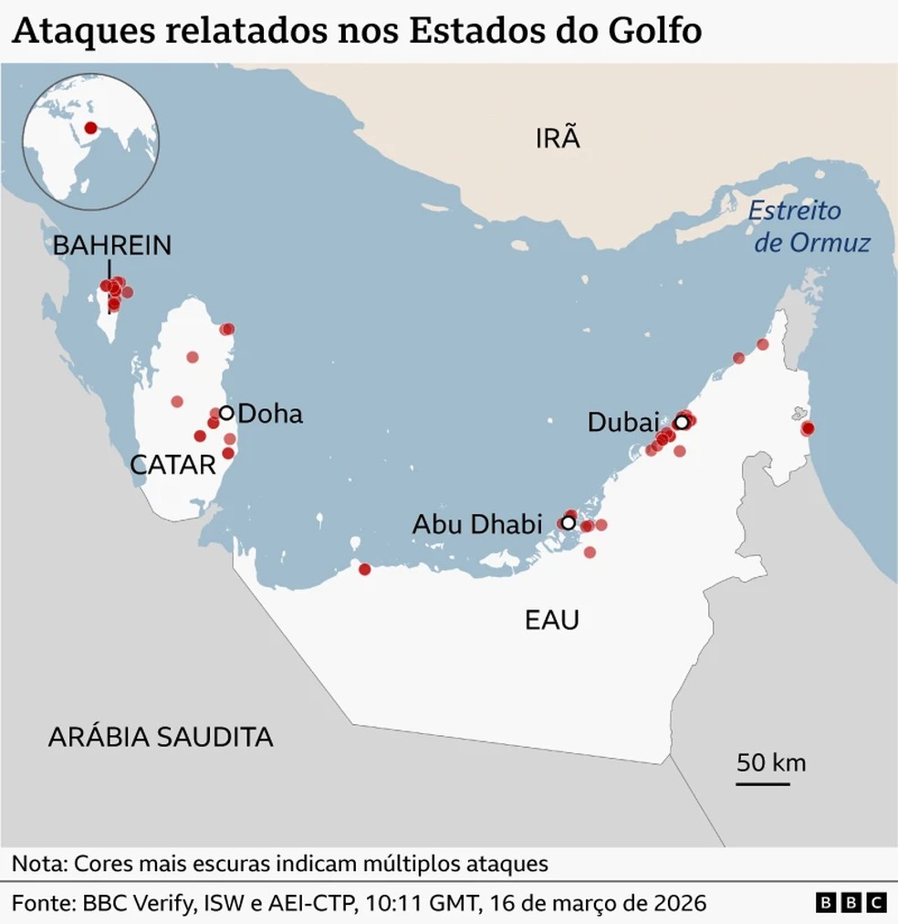 Ataques relatados nos Estados do Golfo — Foto: BBC