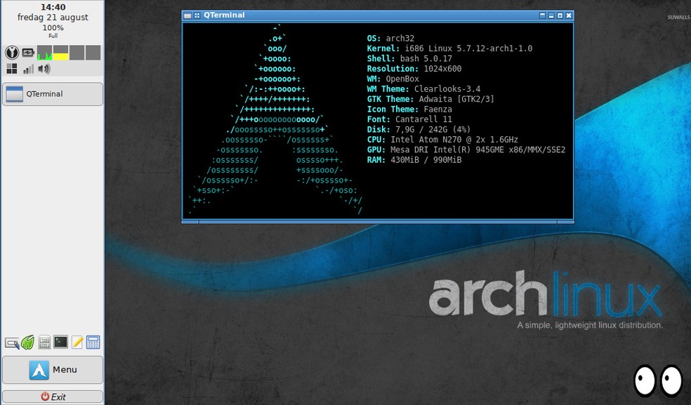 Arch Linux 32, sistema operacional de código aberto que funciona como alternativa ao Windows — Foto: Reprodução
