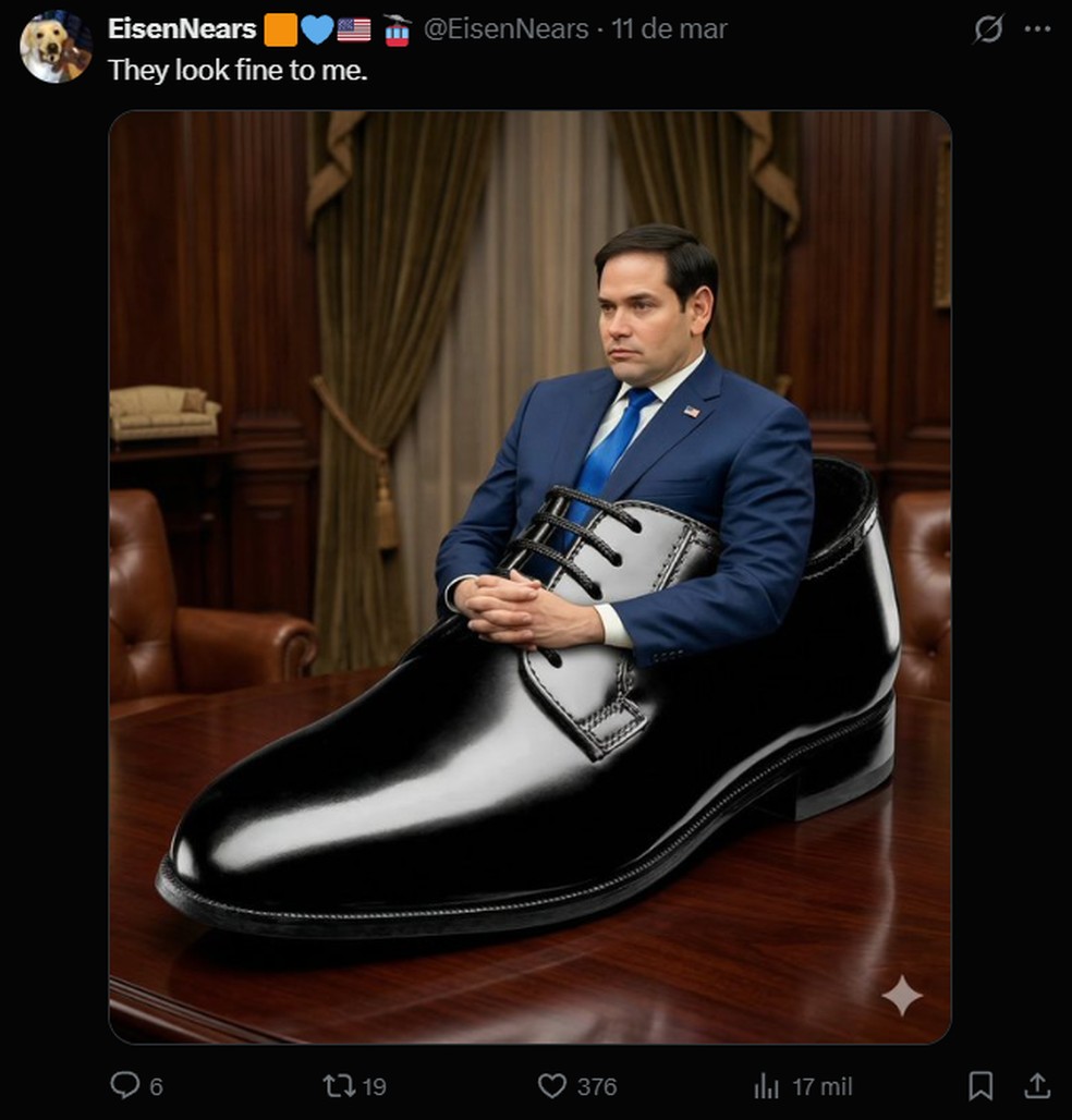 Meme sobre o sapato de Trump. — Foto: Reprodução/X