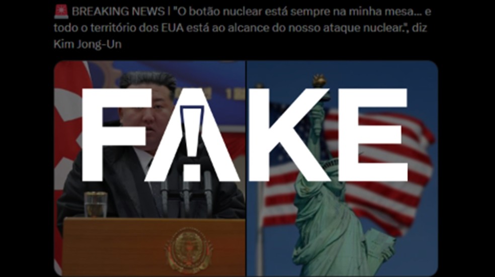 É #FAKE que Kim Jong-un disse manter um 'botão nuclear' na mesa após exercícios militares dos EUA e Coreia do Sul; fala é de 2018 — Foto: Reprodução