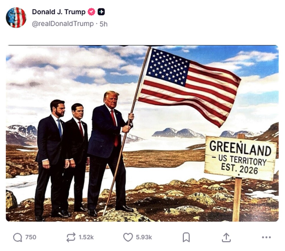 Montagem de IA publicada pelo presidente dos EUA, Donald Trump, nas redes sociais mostra ele fincando a bandeira dos Estados Unidos na Groenlândia. — Foto: Reprodução/Donald Trump no Truth Social