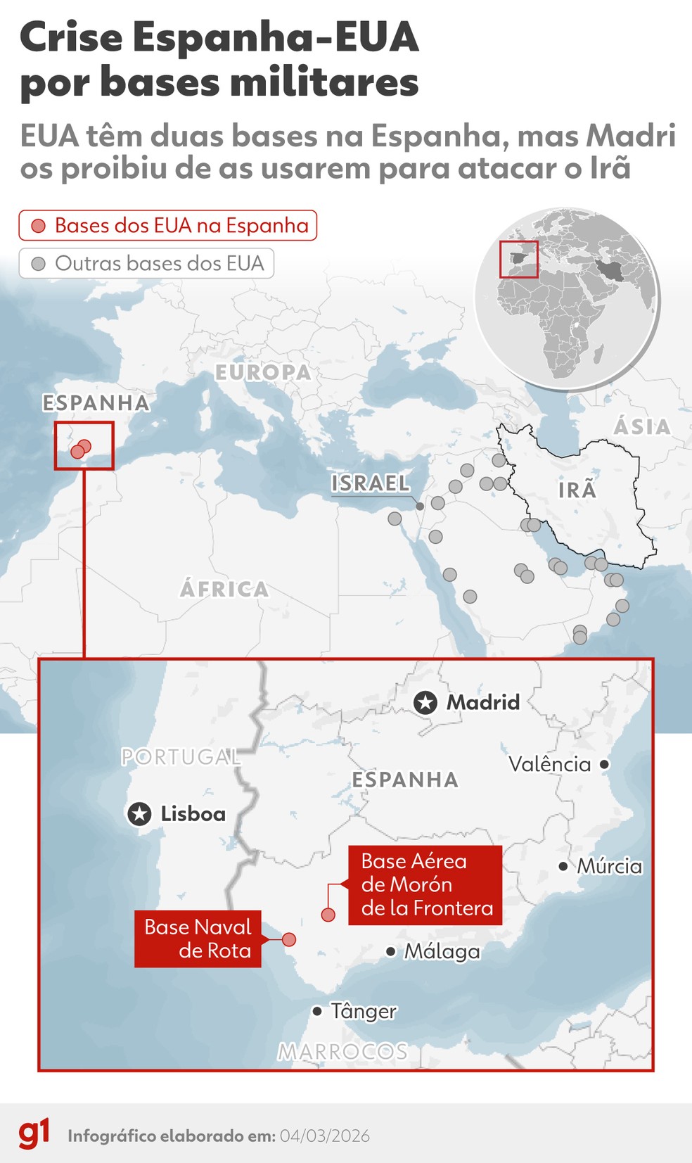 Mapa mostra bases dos EUA na Espanha, que o governo espanhol proibiu a utilização para ataques contra o Irã. — Foto: Dhara Pereira/Arte g1