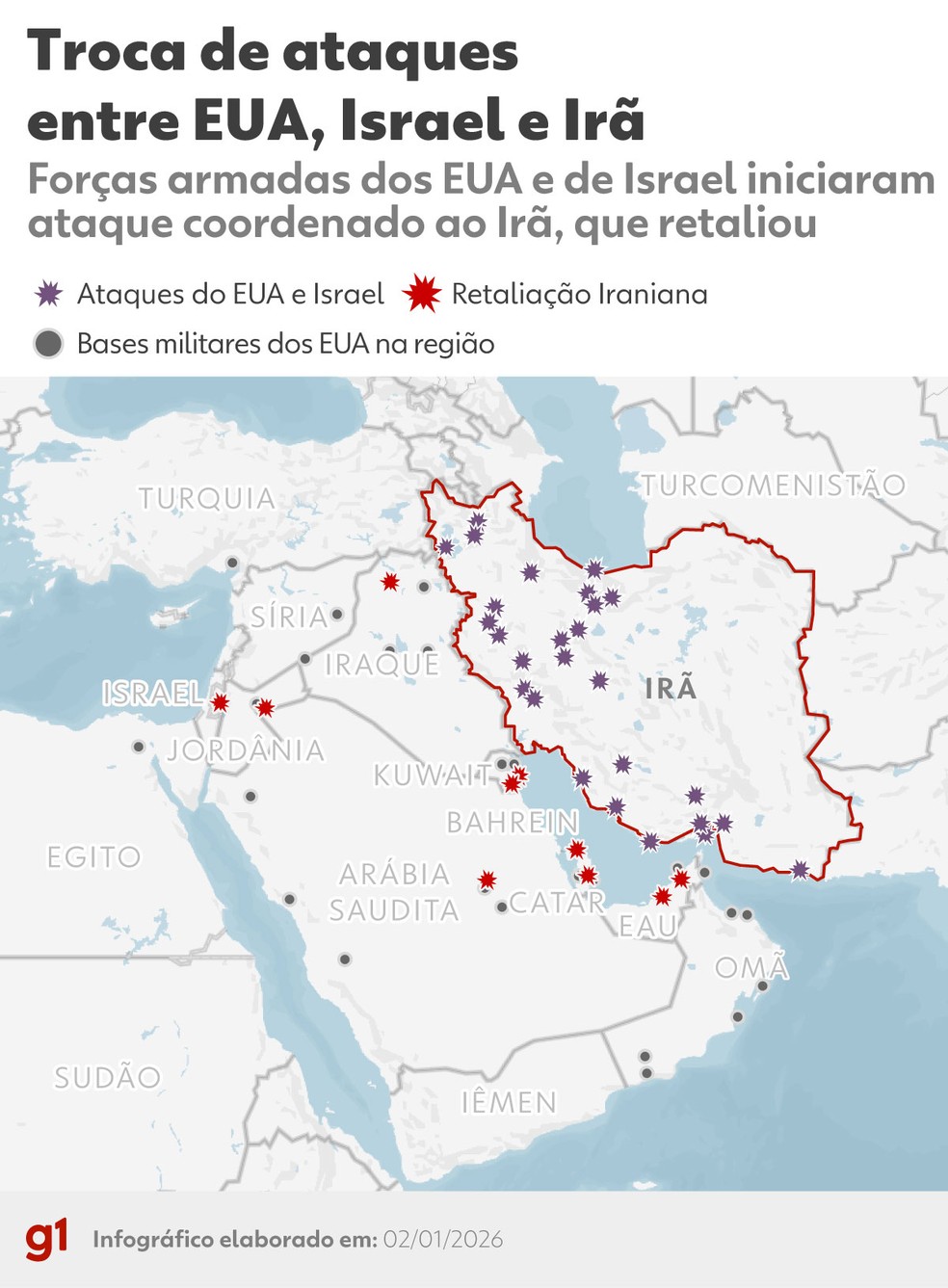 INFOGRÁFICO - Mapa mostra locais dos ataques no Irã e a retaliação. — Foto: Arte/g1