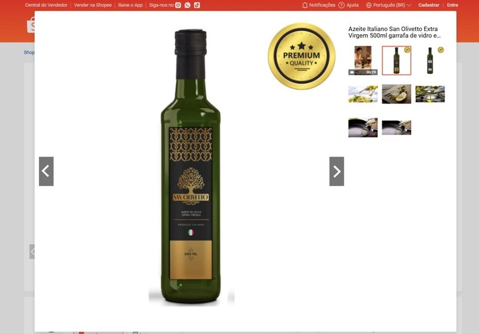 Imagem do azeite San Olivetto sendo anunciado no site da Shoope. — Foto: Reprodução