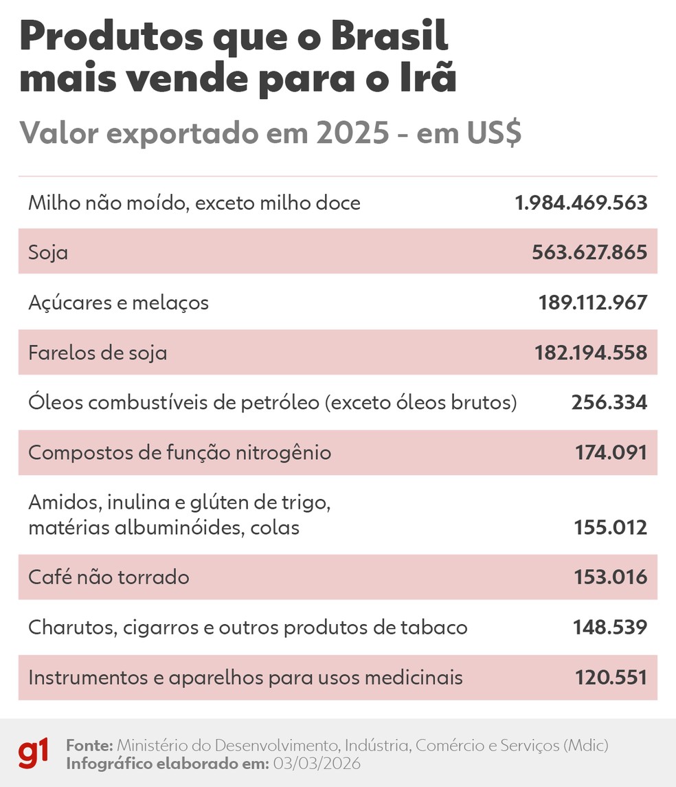 Produtos que o Brasil mais vende para o Irã. — Foto: Arte/g1