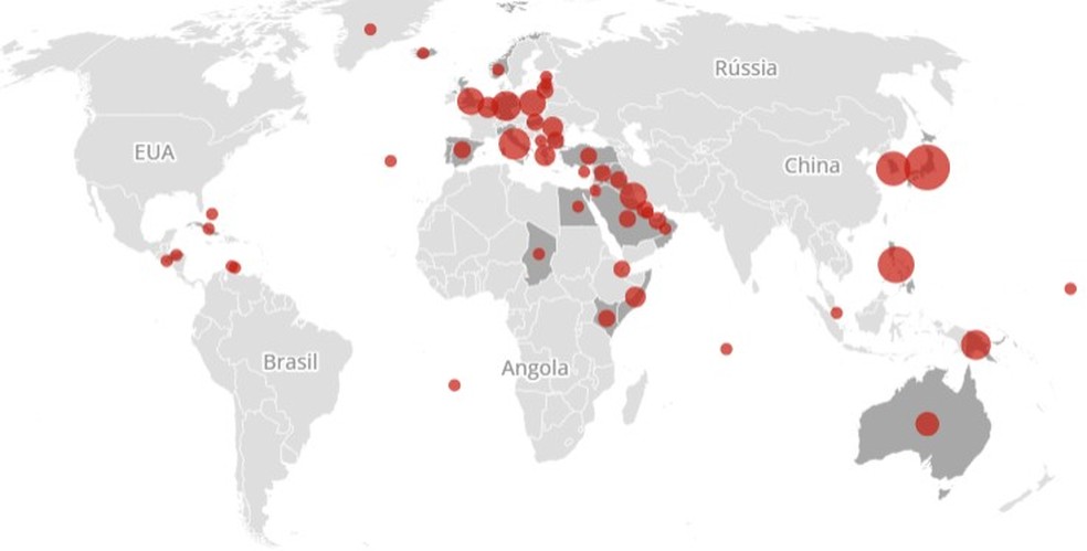 Mapa mostra bases militares dos EUA pelo mundo — Foto: Editoria de Arte/g1
