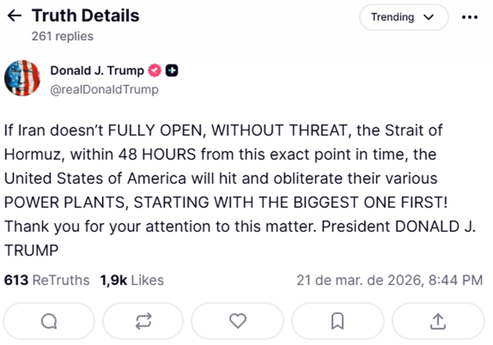 Trump faz nova ameaça ao Irã — Foto: Reprodução/Truth Social @realDonaldTrump