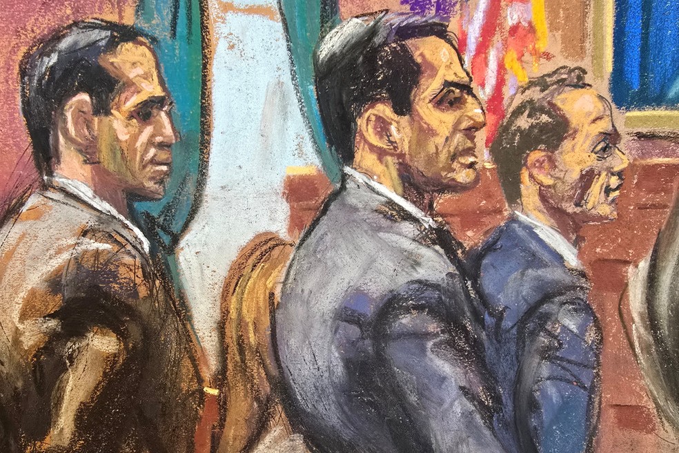 Os irmãos Alon Alexander , Oren Alexander e Tal Alexander, corretores de imóveis de luxo, em um desenho que retrata a cena do tribunal. — Foto: REUTERS/Jane Rosenberg