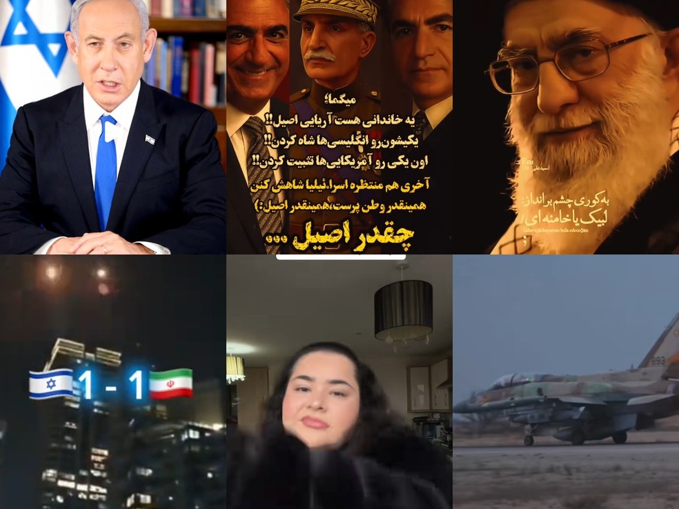 Imagens de vídeos no TikTok e Instagram contra e a favor do Irã com trilha de 'brazilian phonk', estilo com vocais e batidas de funk brasileiro — Foto: Reprodução