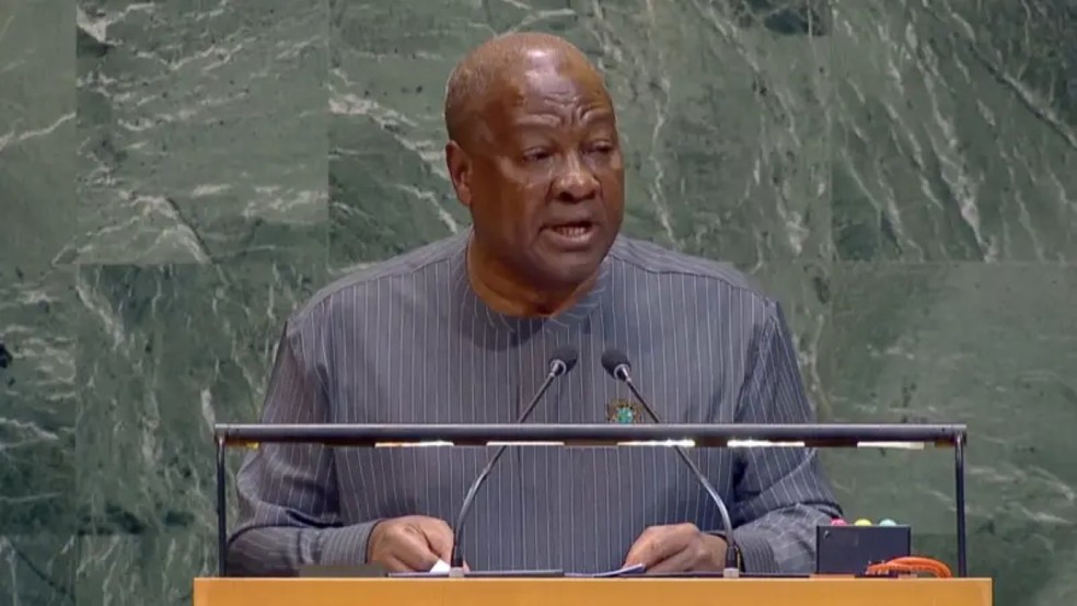 'Hoje nos reunimos em solene solidariedade para afirmar a verdade e buscar um caminho para a cura e a justiça reparadora', declarou o presidente de Gana, John Mahama, à Assembleia Geral das Nações Unidas — Foto: Nações Unidas via BBC
