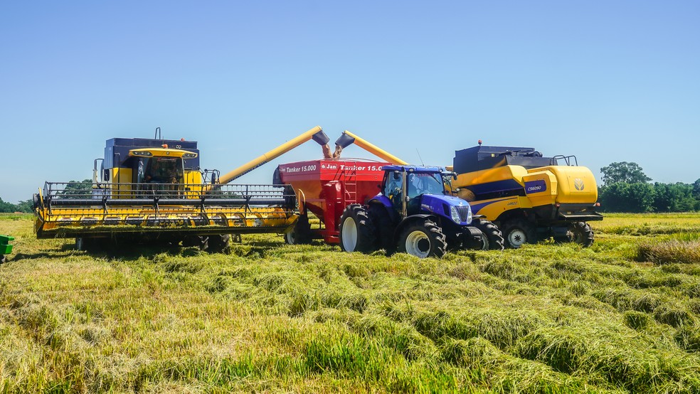 Imagem de uma colheita de arroz em abril de 2024. — Foto: Celso Tavares / g1