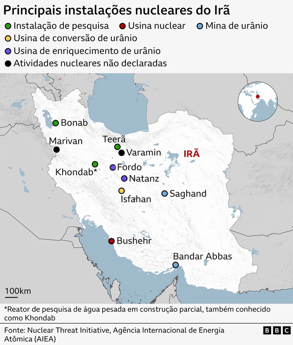 Infográfico da BBC mostra as principais instalações nucleares do Irã — Foto: BBC