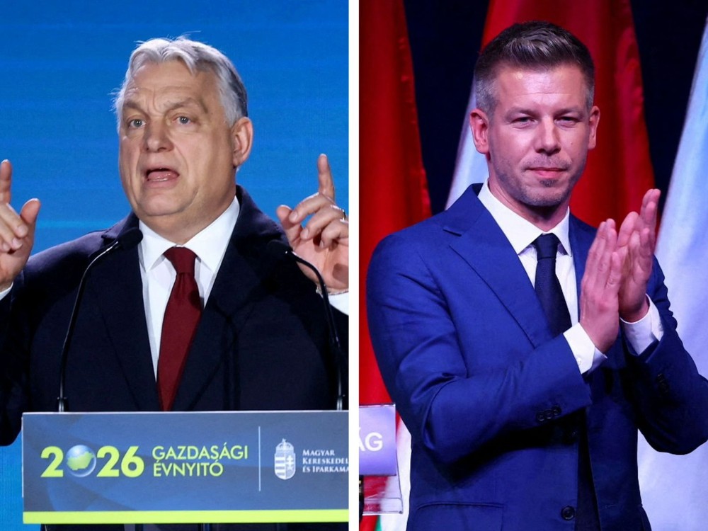 Viktor Orbán e Péter Magyar — Foto: REUTERS