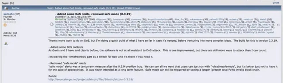 Último post de Nakamoto no Bitcointalk, lançando uma nova versão do Bitcoin (0.3.19) e explicando ajustes técnicos — Foto: BBC