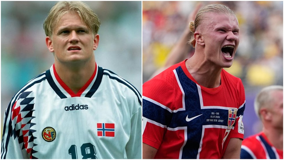 Montagem com fotos do pai e filho noruegueses Alf-Inge Haaland na Copa de 1994 e Erling Haaland na Copa de 2026 — Foto: Reprodução e Frank Franklin II/AP
