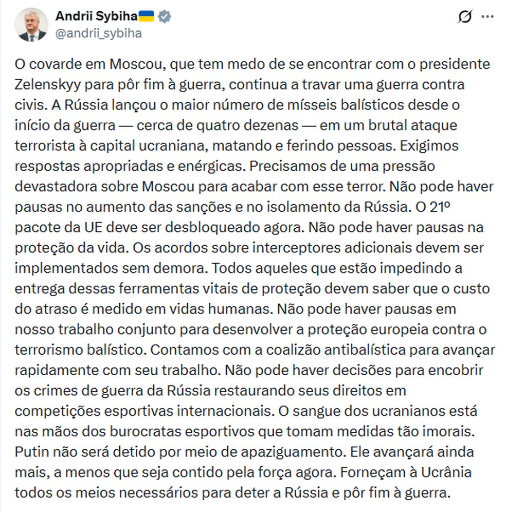Ministro interino das Relações Exteriores da Ucrânia na rede social X (antigo Twitter) — Foto: Reprodução/X